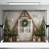 Aperturee - Aperturee Farmhouse Christmas Door Photography Backdrop Rustic A-Frame with Trees Holiday Mini Session Background
